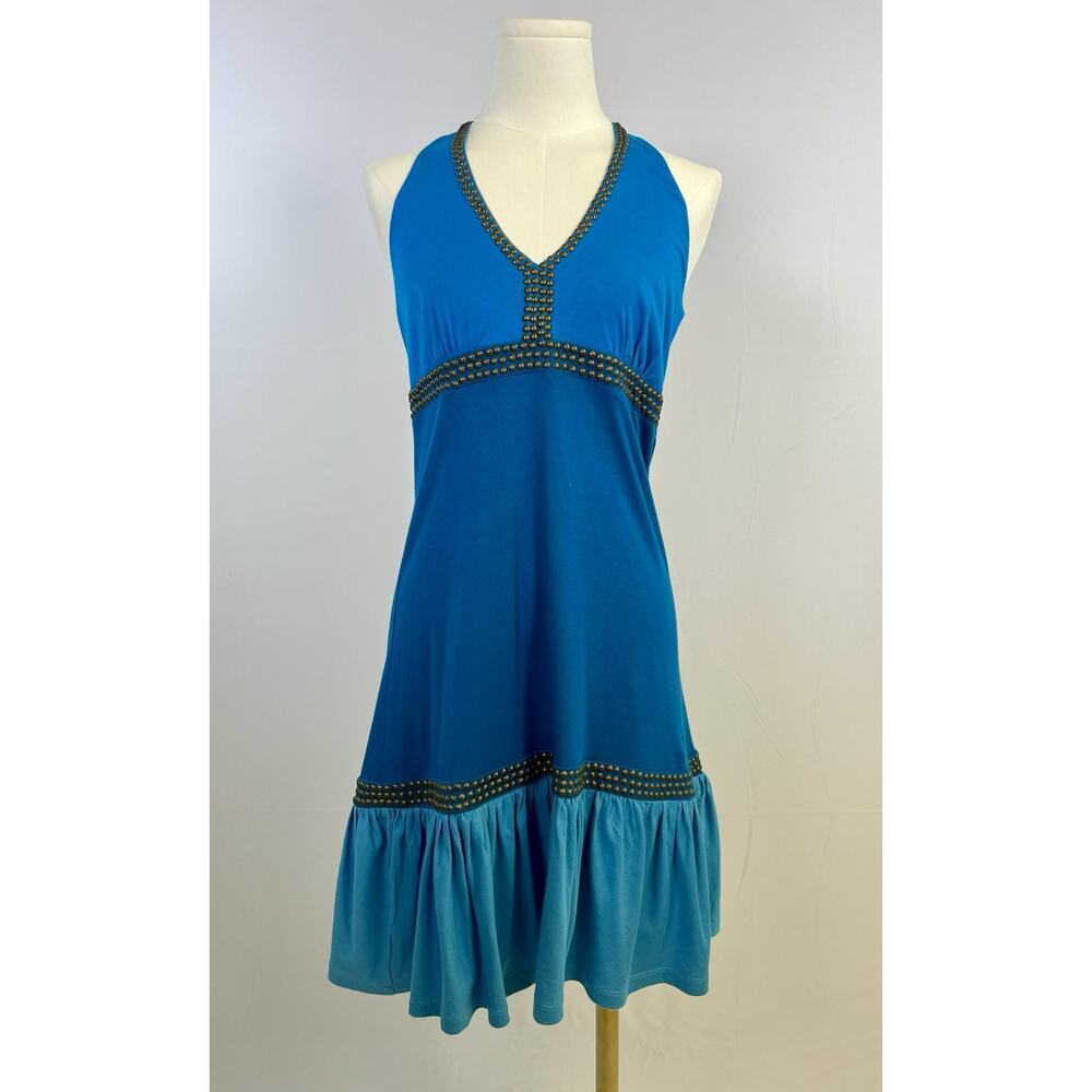Vintage Y2K Babydoll Halter Studded INC‎ Dress Size S Blue Stretch Pima Cotton